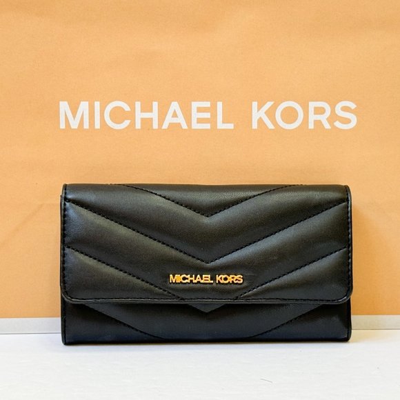 Michael Kors Jet Set Travel Large Trifold Wallet Quilted Stripe Leather Black - Picture 1 of 11